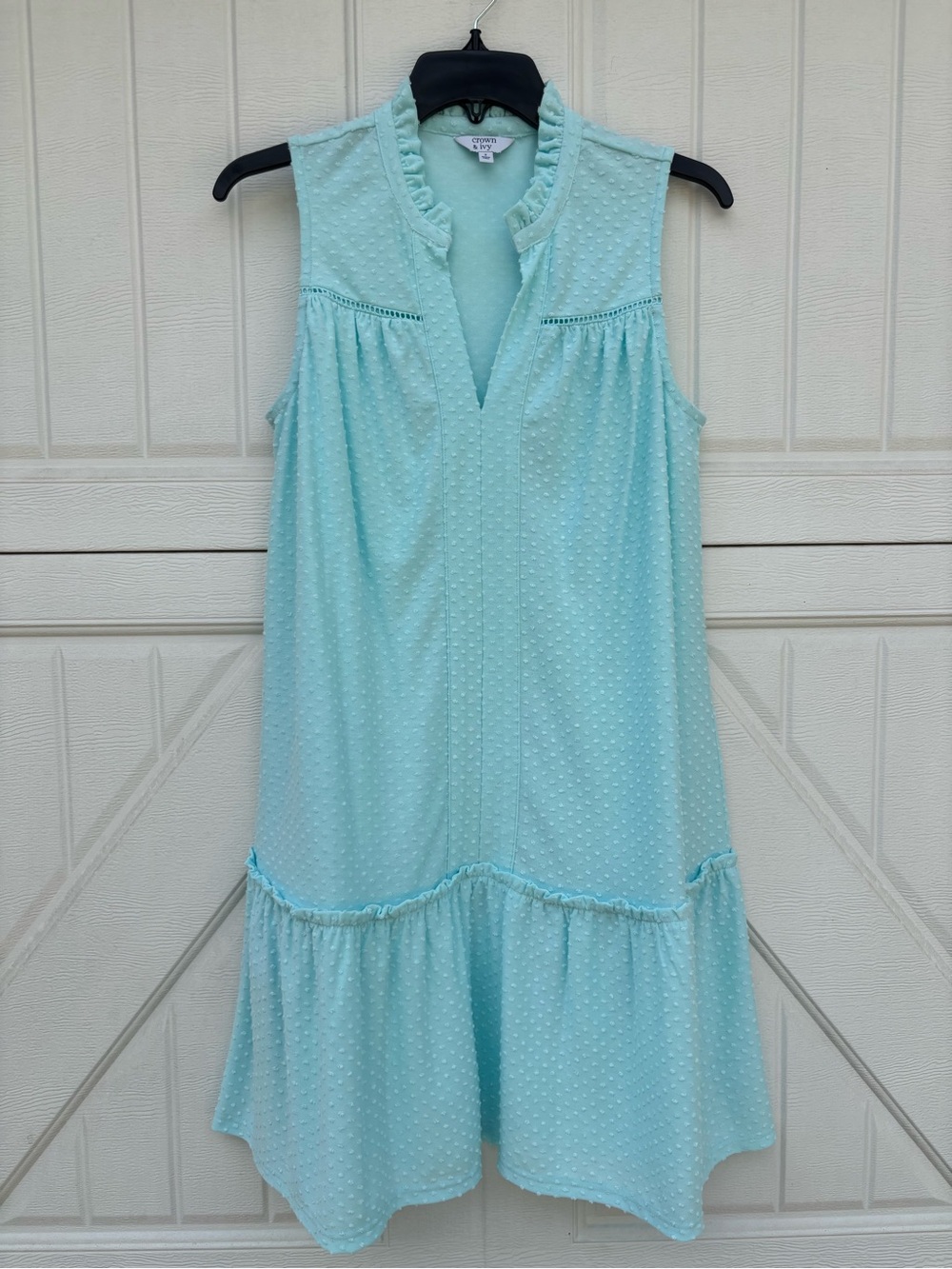 Crown & Ivy Aqua Swiss Dot Ruffle Shift Dress Small NWOT